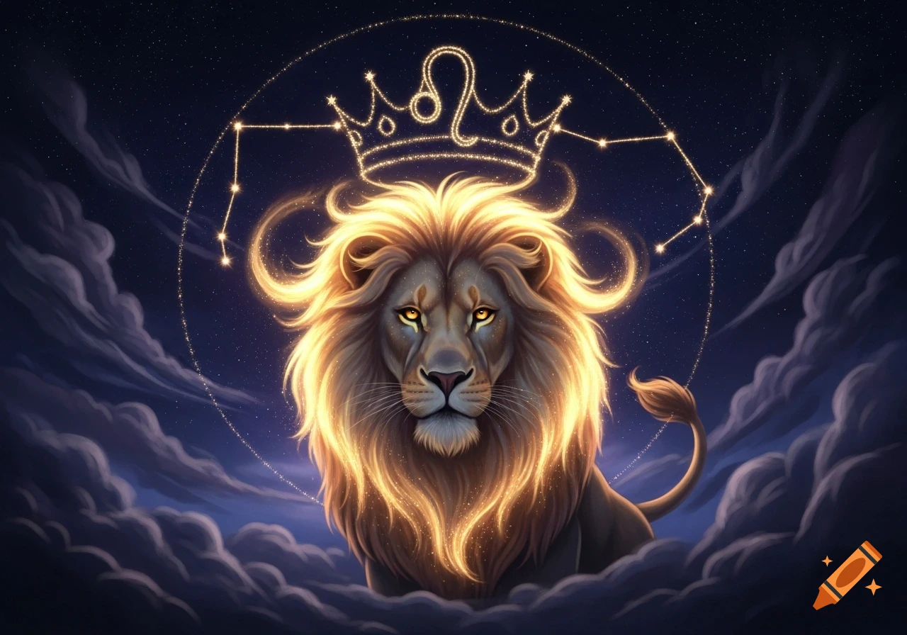 Majestic golden lion with glowing mane and eyes, wearing a starry crown with the Leo zodiac symbol, set against a dark, cloudy night sky.