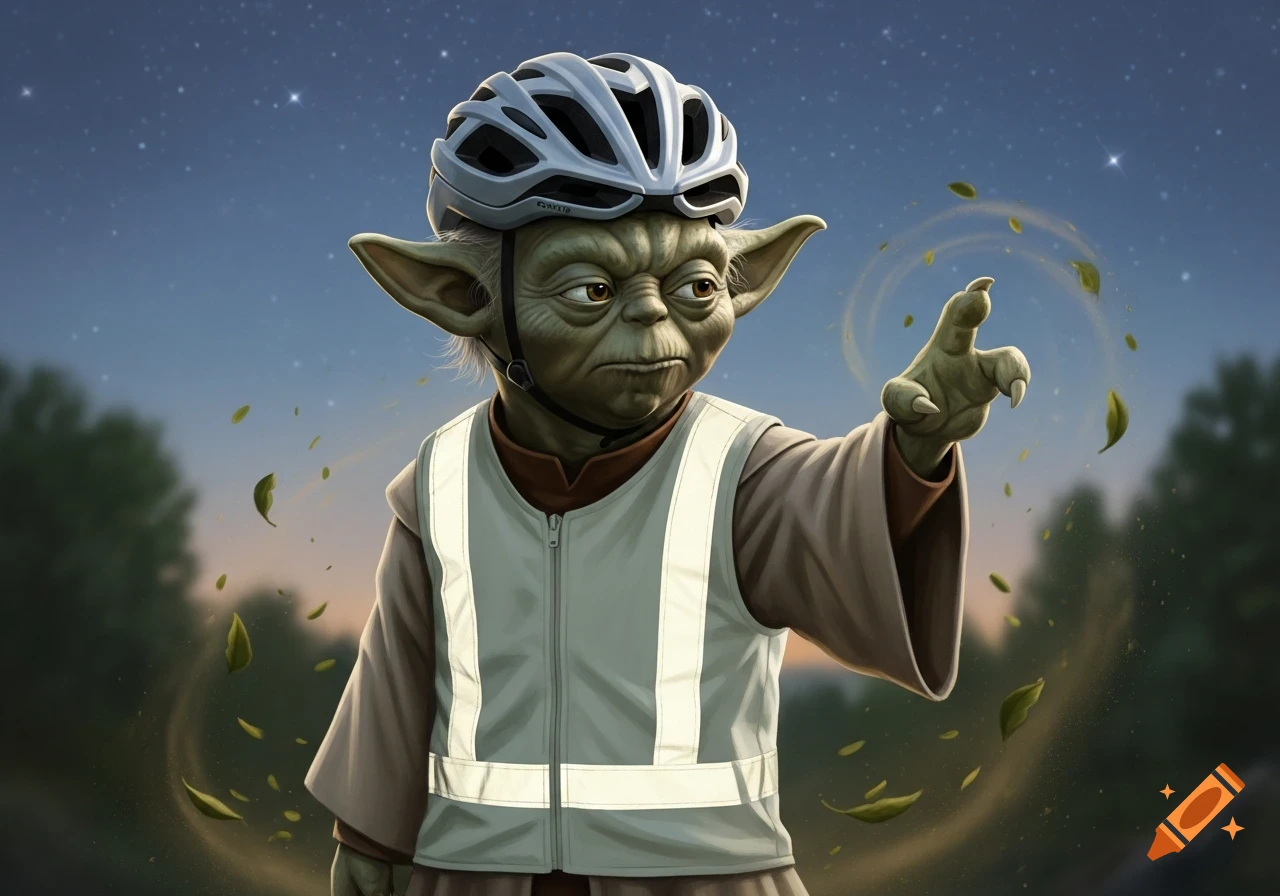 Yoda in a grey cycling helmet and reflective vest, pointing with his hand as leaves swirl around him under a starry night sky.