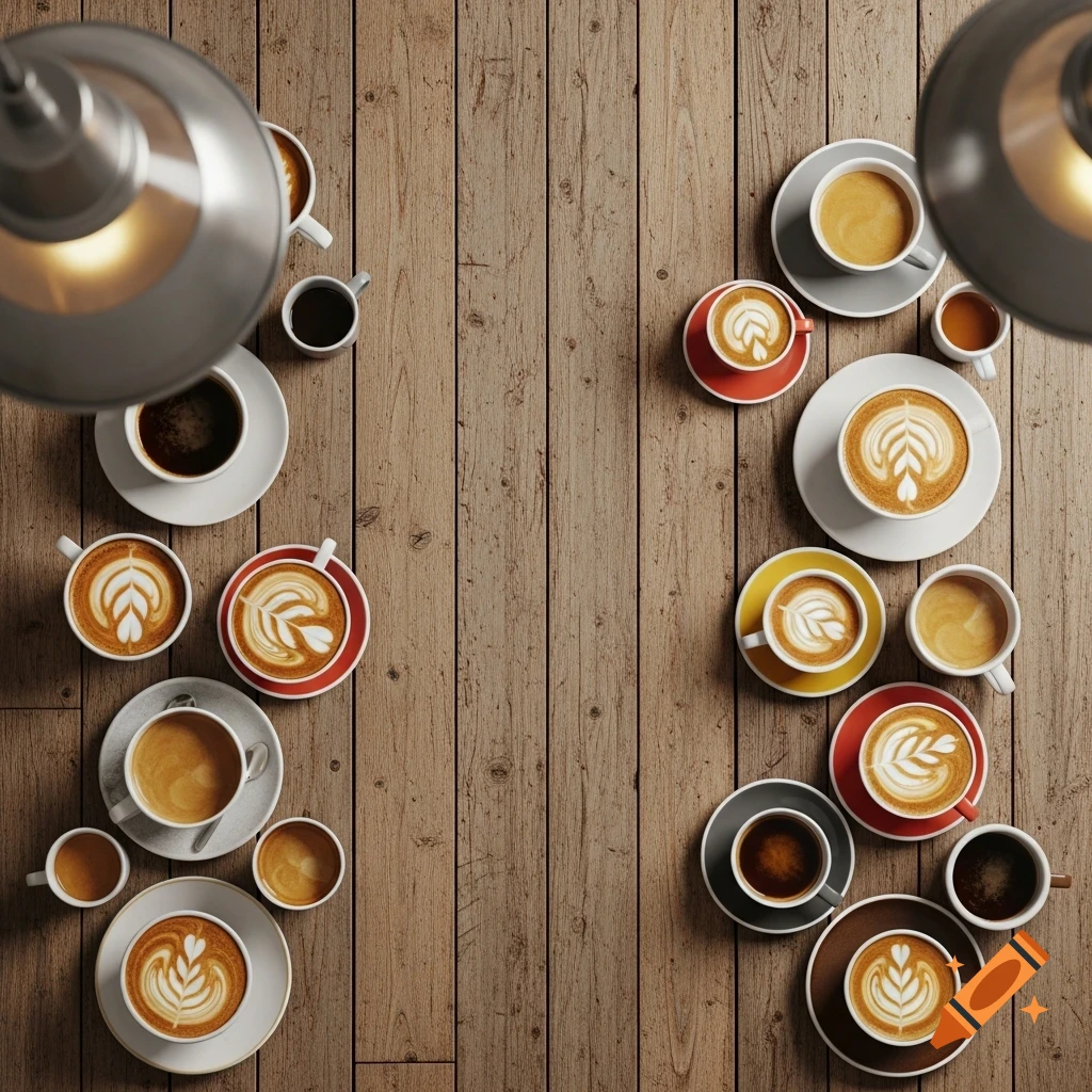 Overhead view of a rustic wooden table with many cups of coffee and espresso, some with latte art, arranged on both sides.