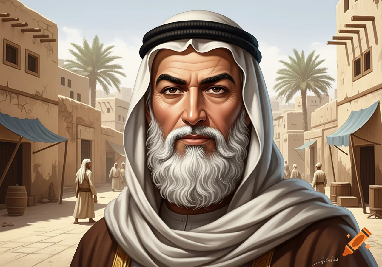 A detailed portrait of an older Arab man with a white beard and black head covering, in an ancient Middle Eastern city.
