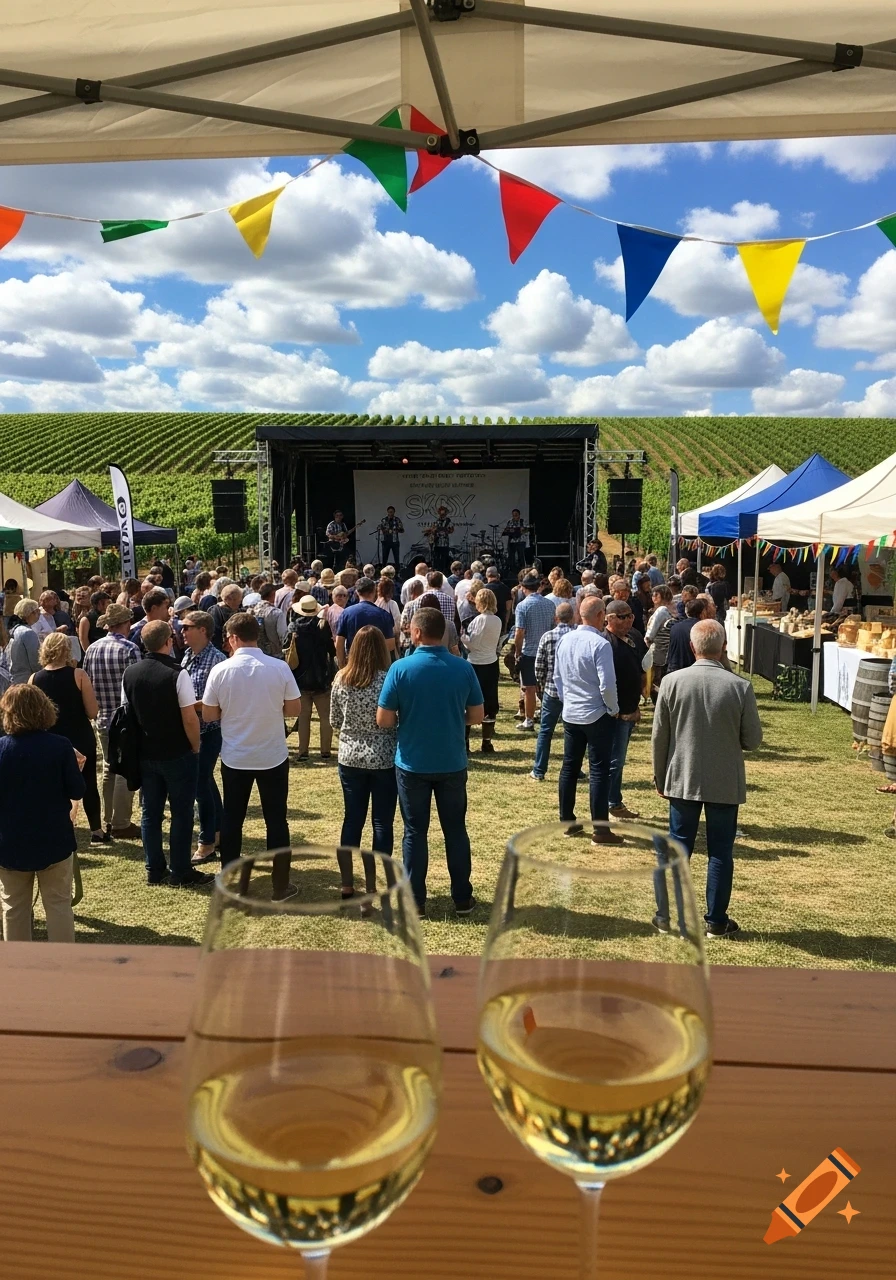 An outdoor wine festival scene with two glasses of white wine in the foreground, a crowd watching a band on stage, and a vineyard under a blue sky.