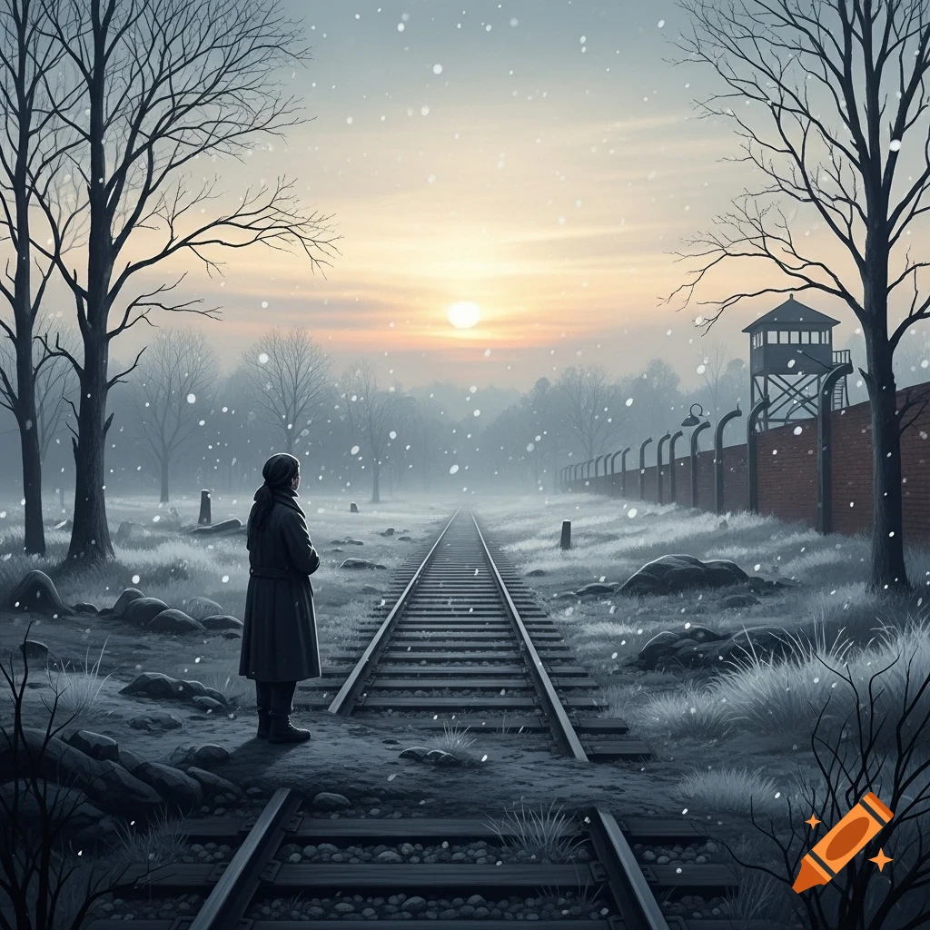 Solitary figure on snowy train tracks leading to a watchtower and barbed-wire fence under a pale winter sky at sunset.