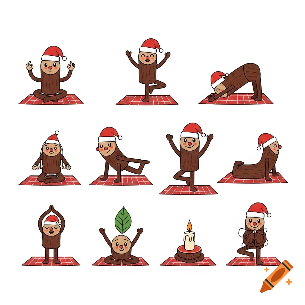 A grid of cartoon Tió de Nadal logs in Santa hats performing various yoga poses on red and white checkered mats.