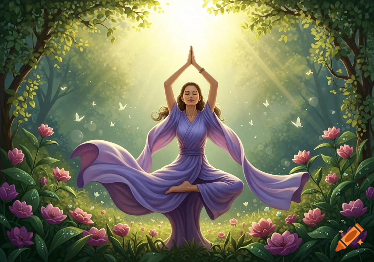 Woman in purple dress meditates in a lotus position, levitating in a sunlit fantasy forest with pink flowers and butterflies.