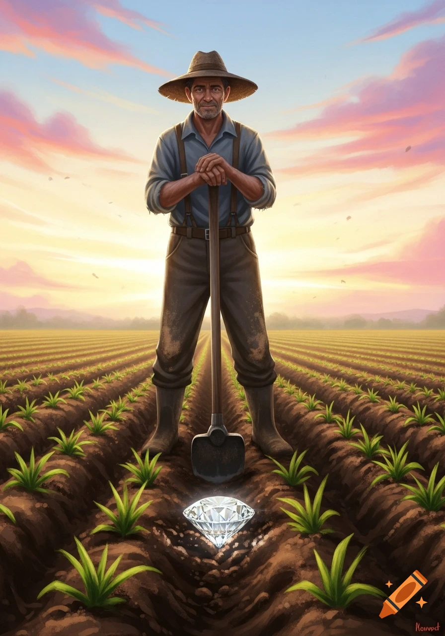 An illustration of a farmer holding a shovel, standing in a field with rows of crops under a sunset sky, with a large diamond sparkling in the foreground.
