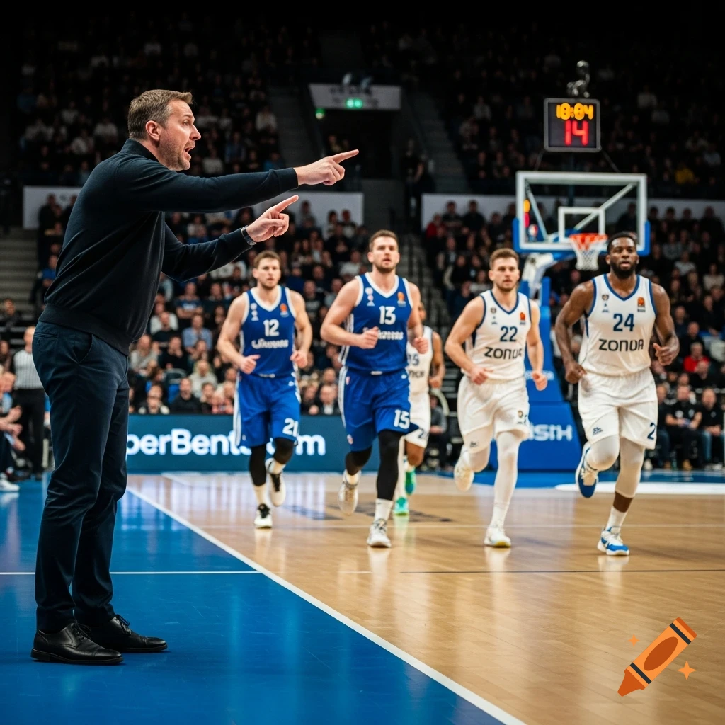A photorealistic image of a basketball coach pointing instructions while his team runs down the court during a game.