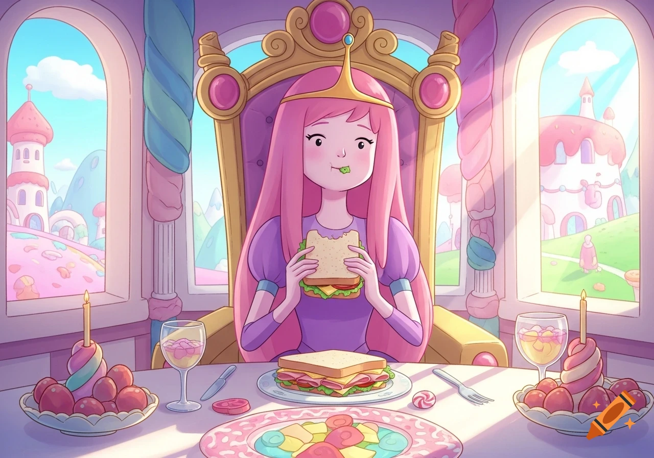 Cartoon Princess Bubblegum on a throne eating a sandwich at a table with candy dishes, overlooking a candy kingdom.