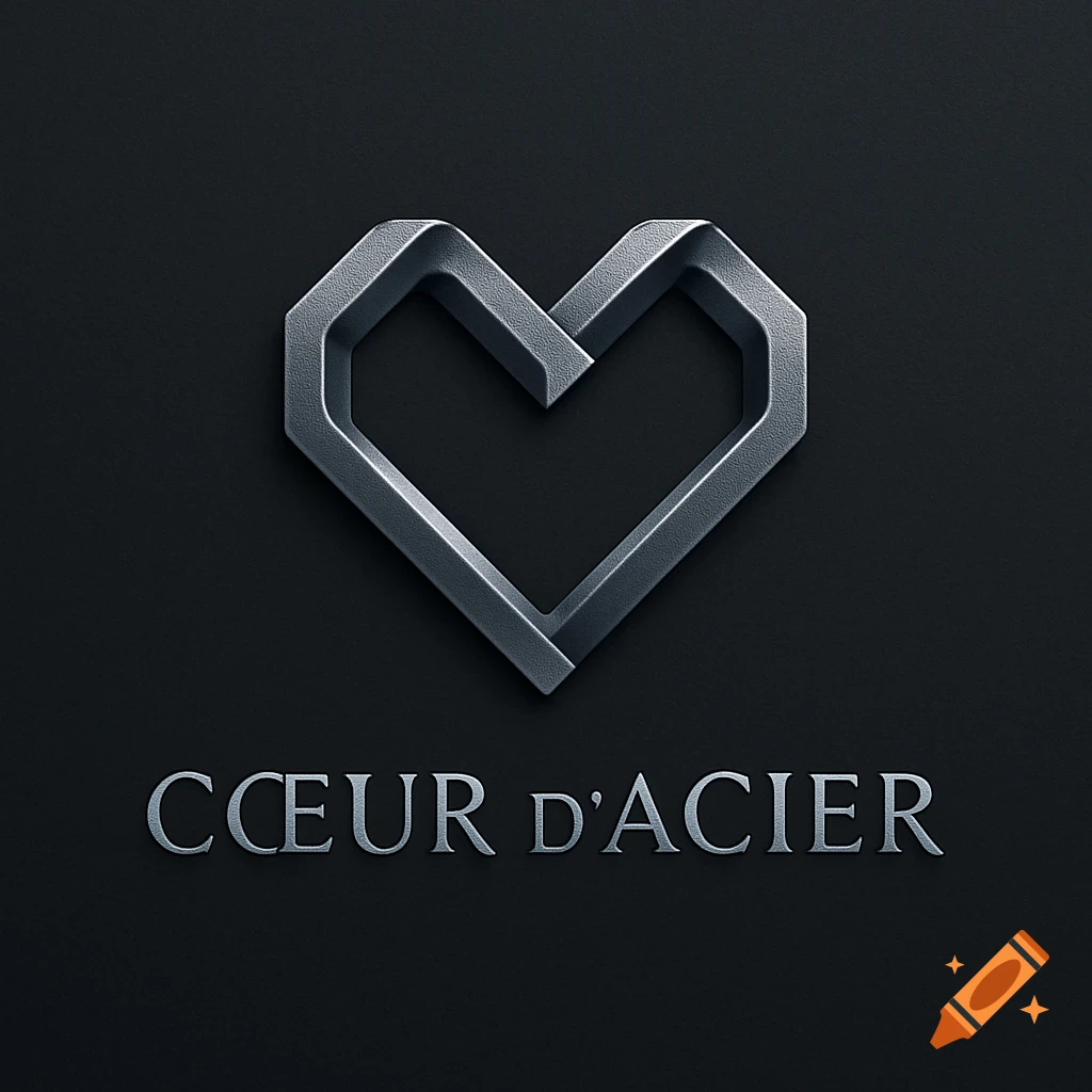 A metallic 3D logo featuring an impossible geometric heart shape above the embossed text 'COEUR D'ACIER' on a dark background.