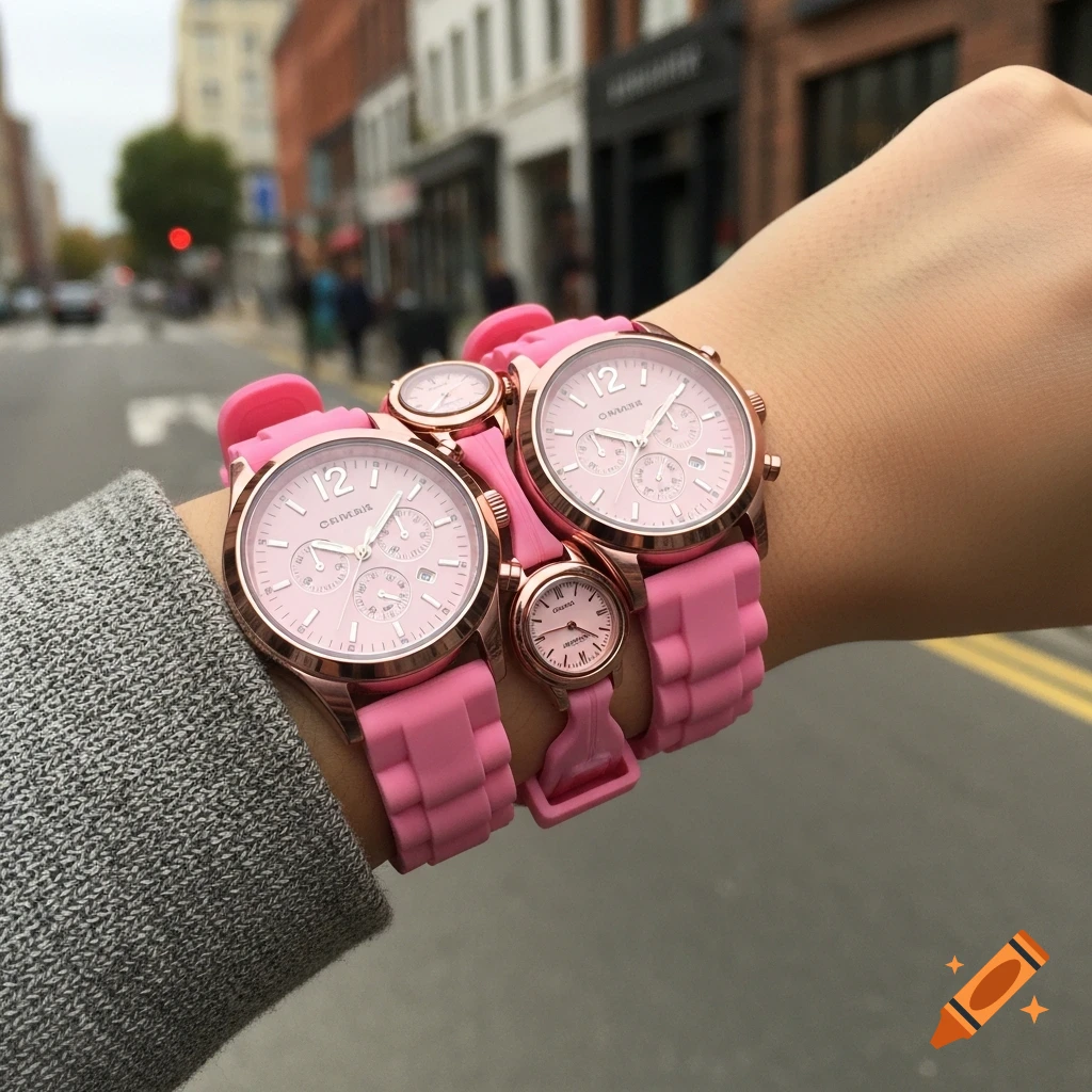 Close-up of a person's arm wearing three pink wristwatches with pink silicone straps, on a city street.