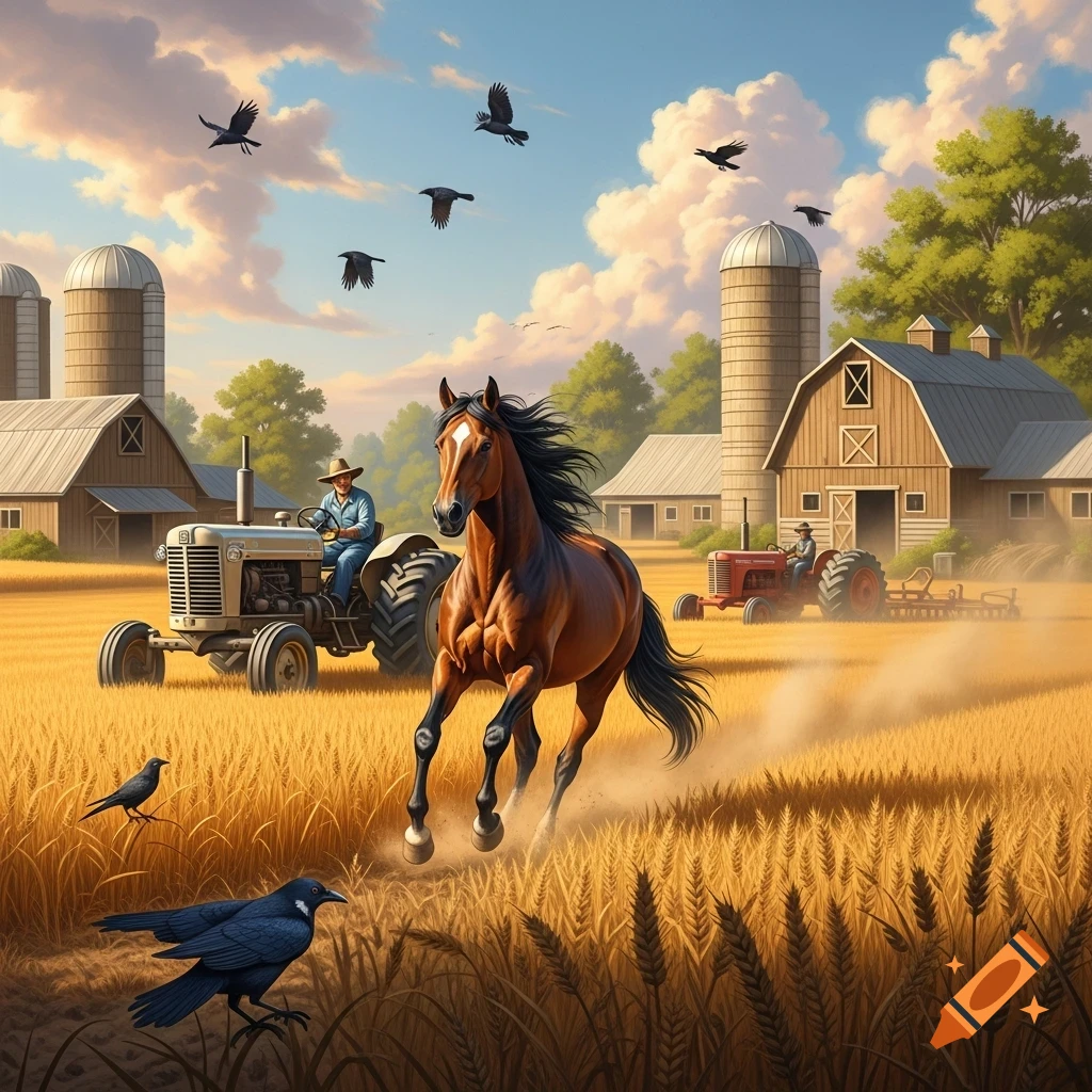 A brown horse gallops through a golden wheat field, with farmers on tractors, barns, and silos under a cloudy sky with flying crows.