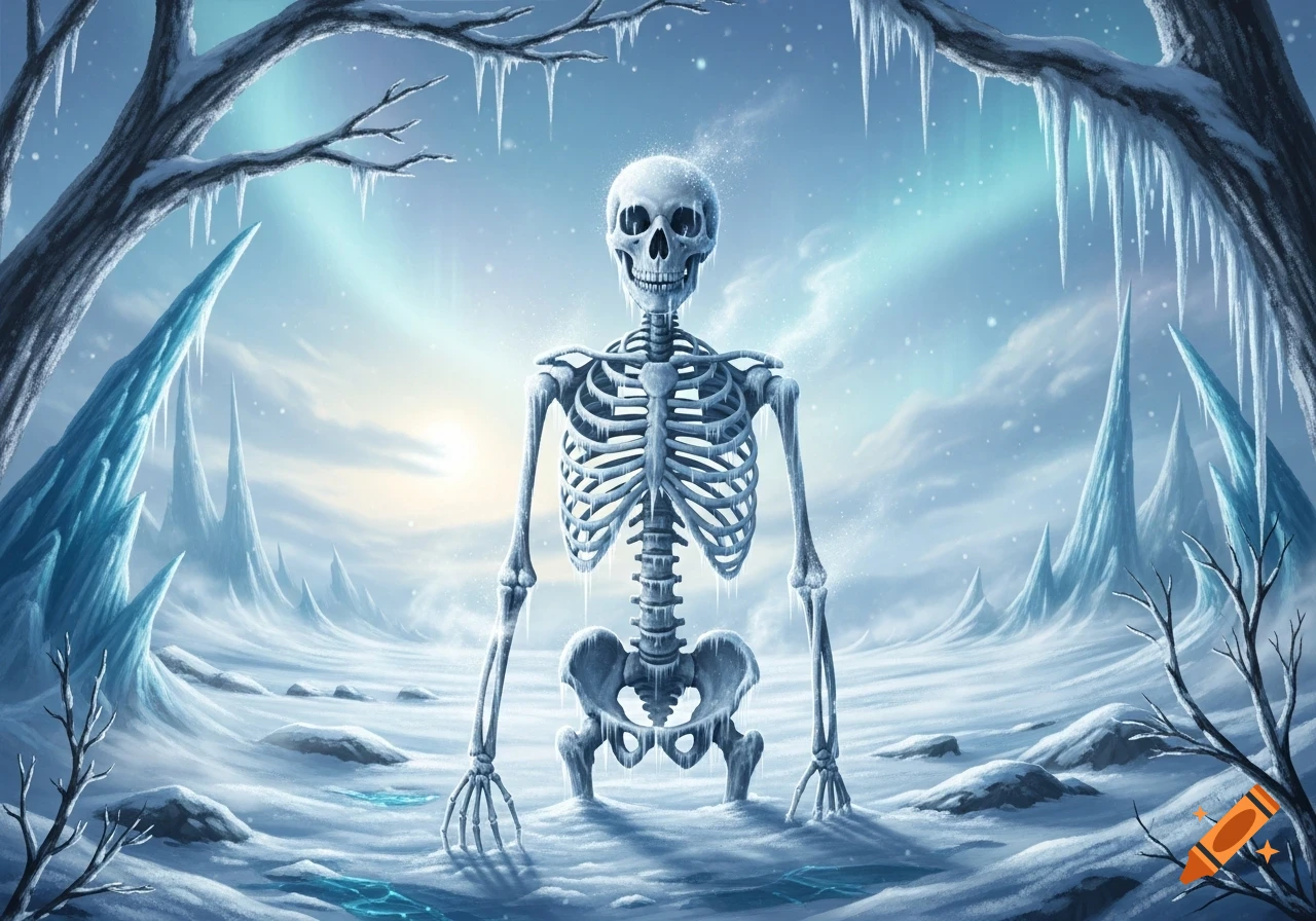 A skeletal figure covered in ice stands in a frozen winter landscape with icy trees and sharp blue ice formations.