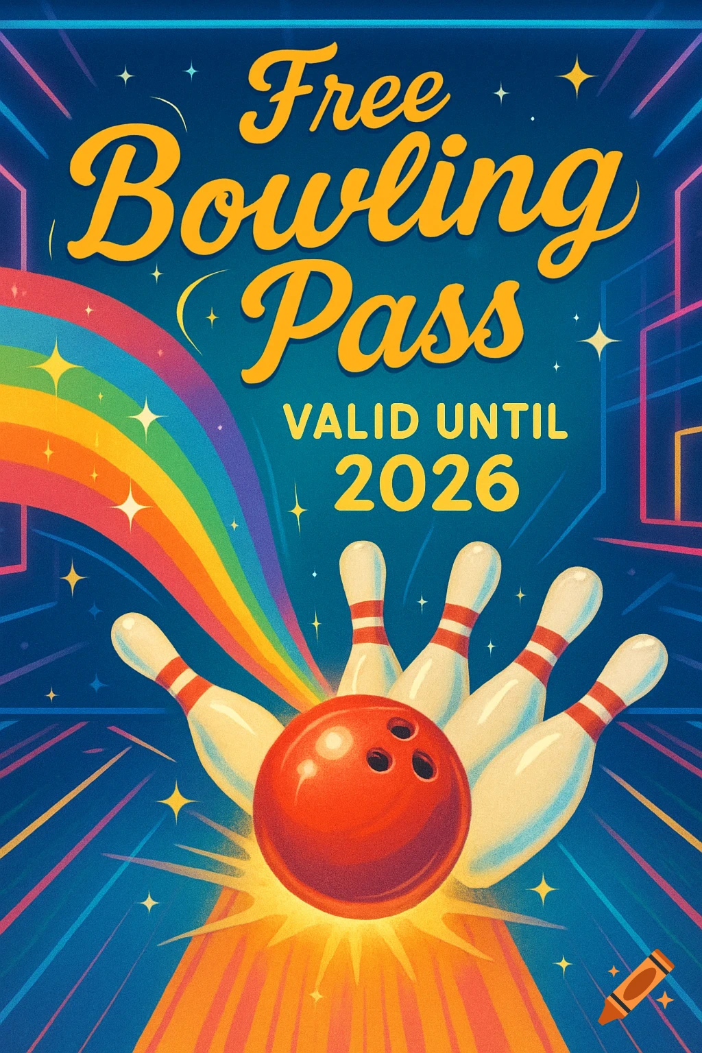 A vibrant retro-style bowling pass with 'Free Bowling Pass VALID UNTIL 2026' text, a bowling ball, pins, and a rainbow.