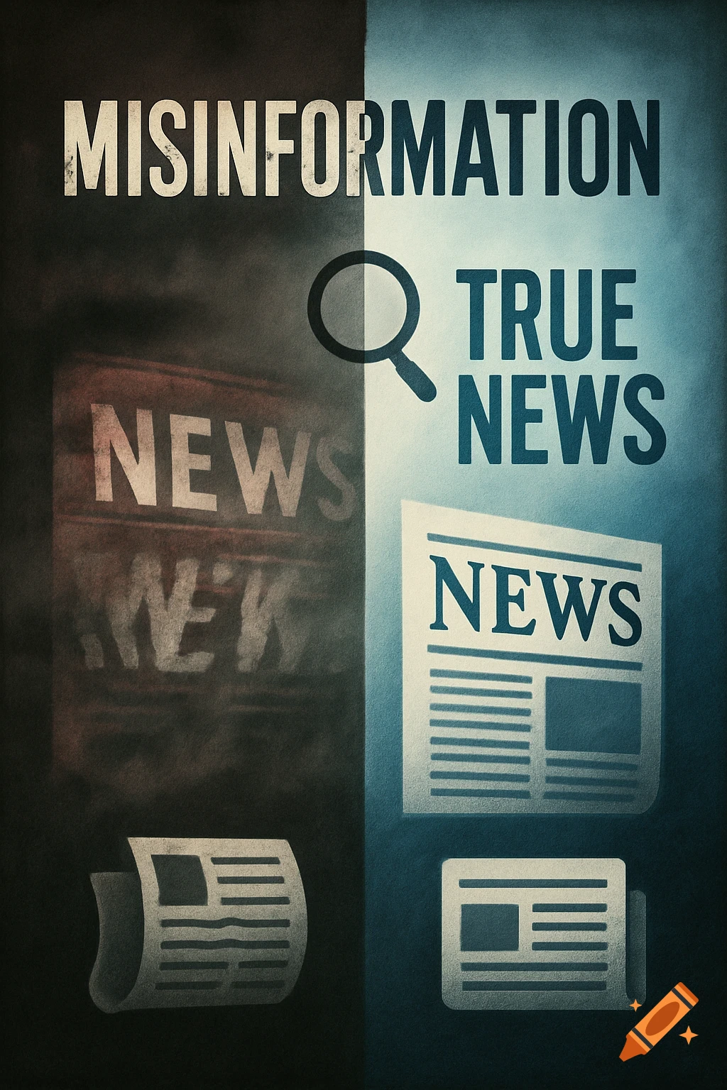 Poster divided: dark 'MISINFORMATION' with blurry news; bright 'TRUE NEWS' with clear newspapers, magnifying glass.