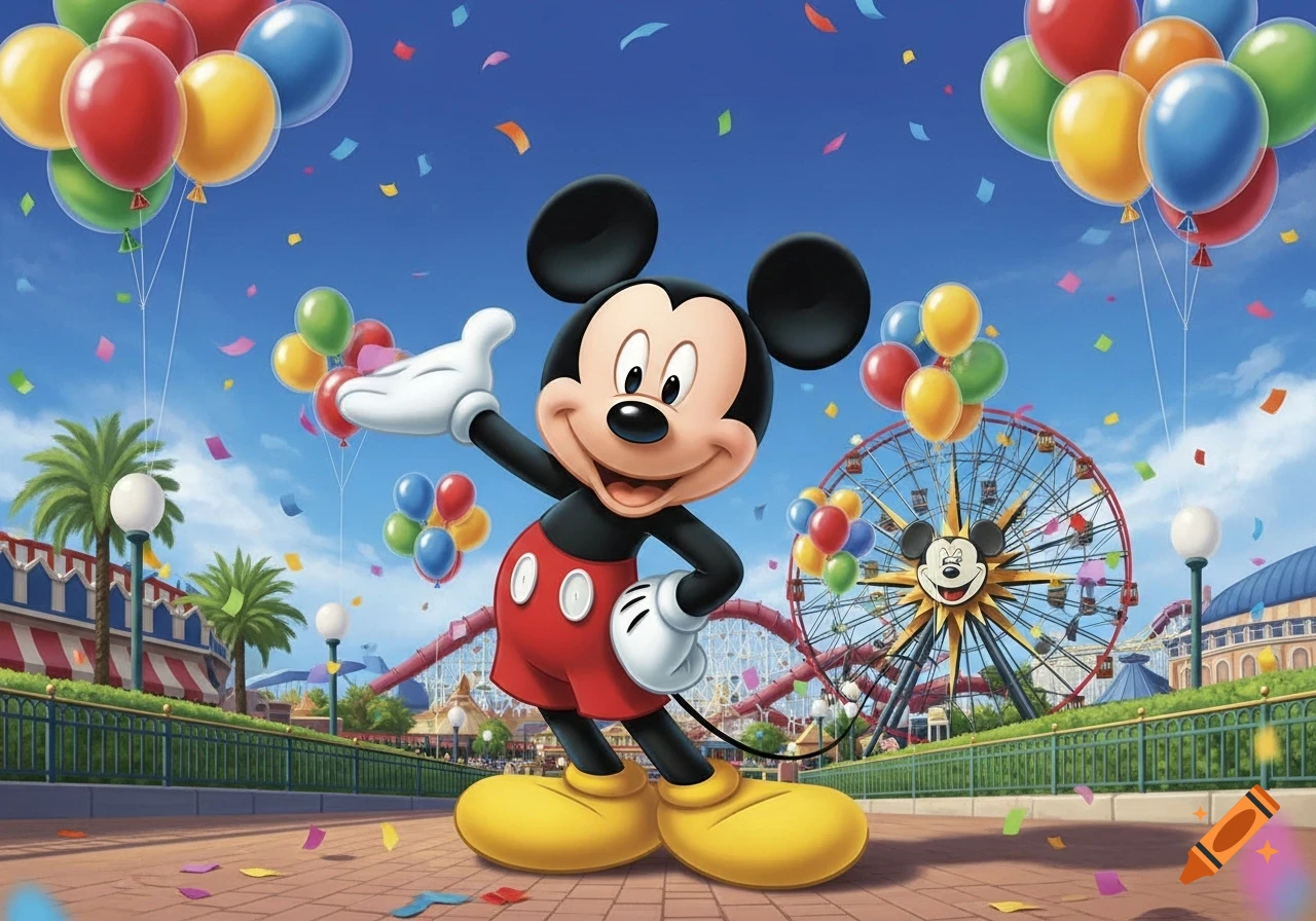 Mickey Mouse waves happily in a vibrant, cartoon amusement park with balloons, confetti, and a Ferris wheel.