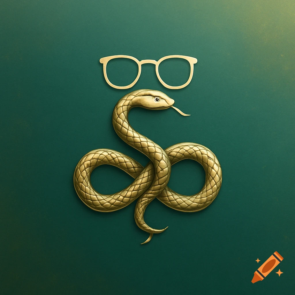 Stylized golden snake with prominent scales, coiled on a dark teal background, wearing simple gold-rimmed glasses.