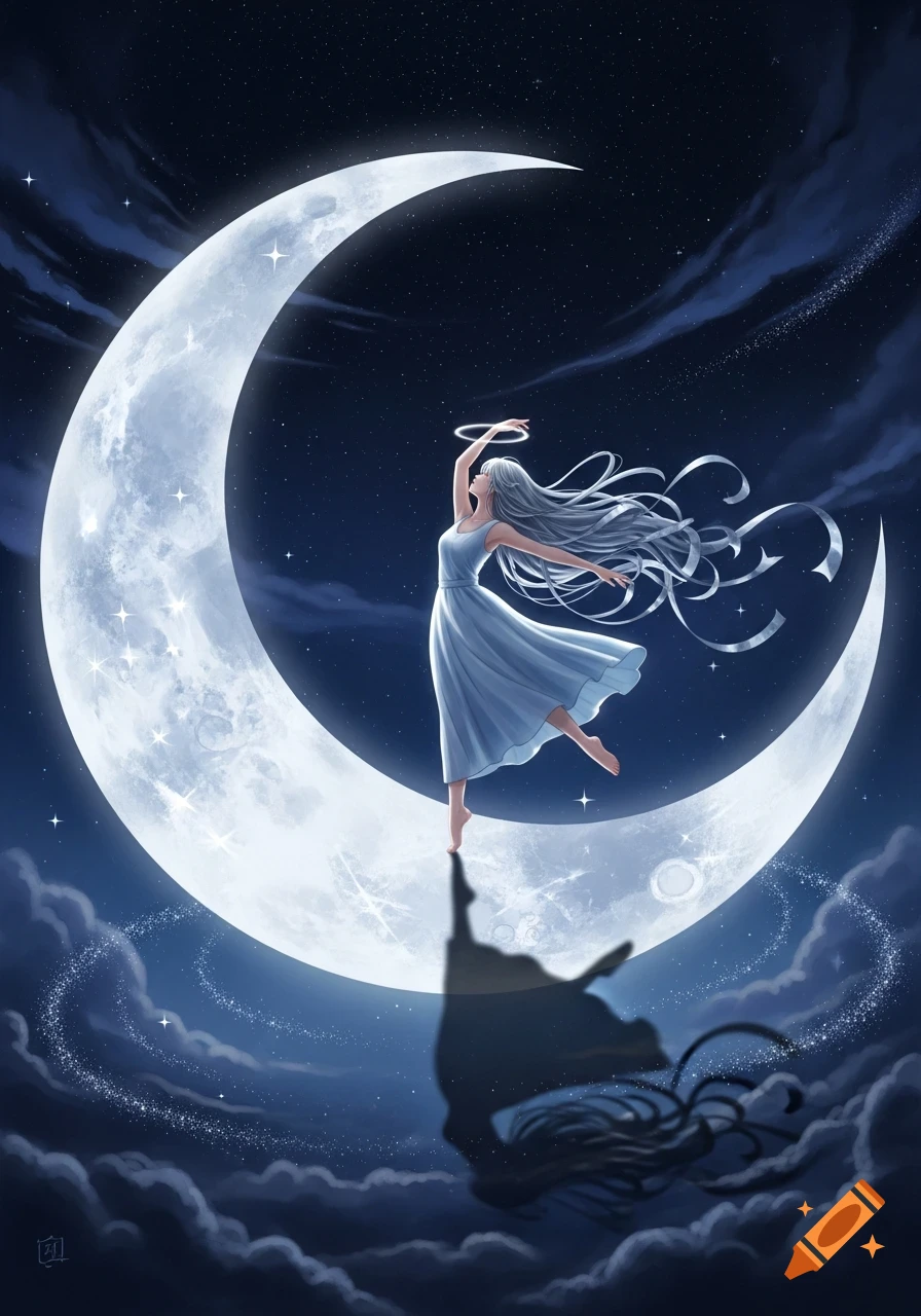 A woman with long silver hair dances gracefully on a large crescent moon in a starry night sky, rendered in a fantasy anime style.