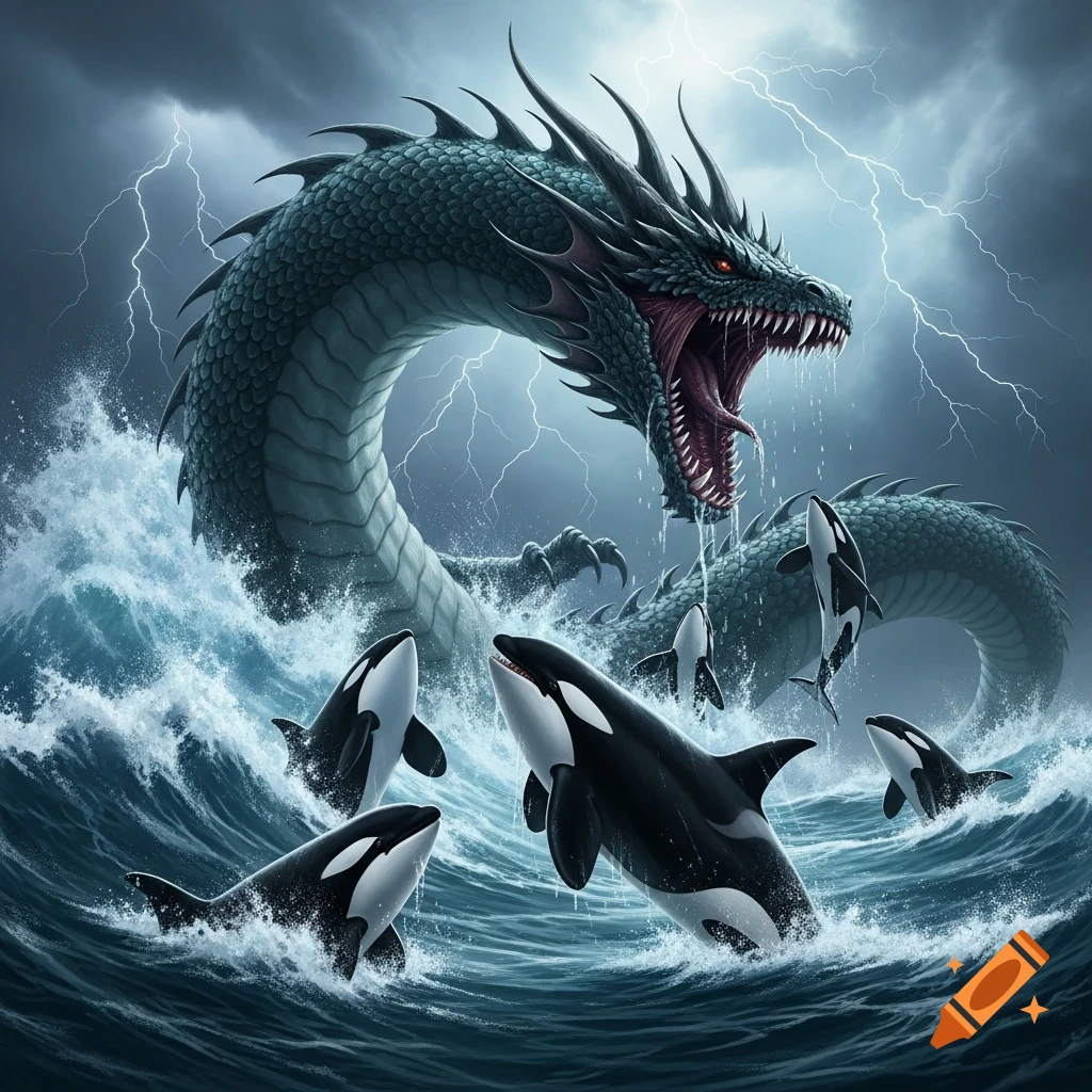 A colossal, spiky sea dragon with glowing red eyes roars amidst a stormy ocean with lightning, surrounded by leaping orcas.