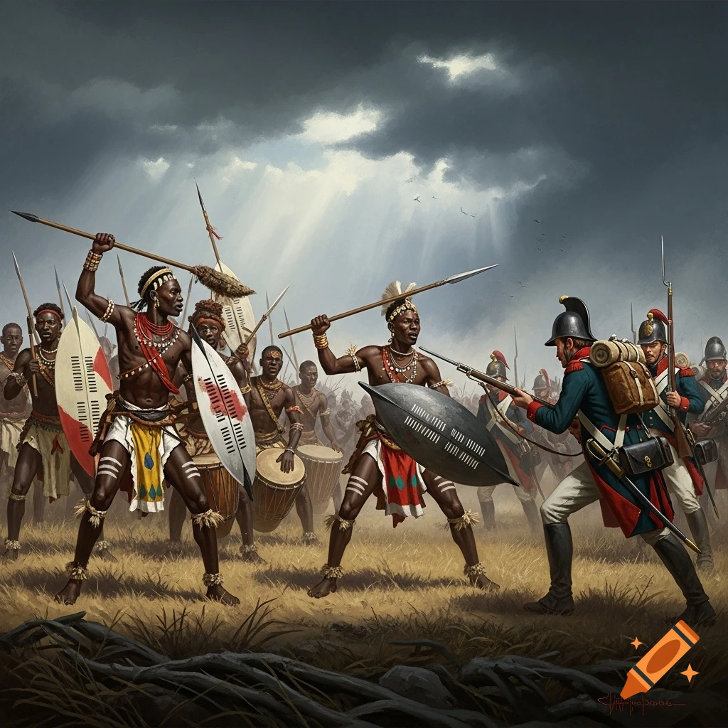 Dramatic historical art depicts African warriors with spears and shields battling European colonial soldiers on a grassy field under a cloudy sky.