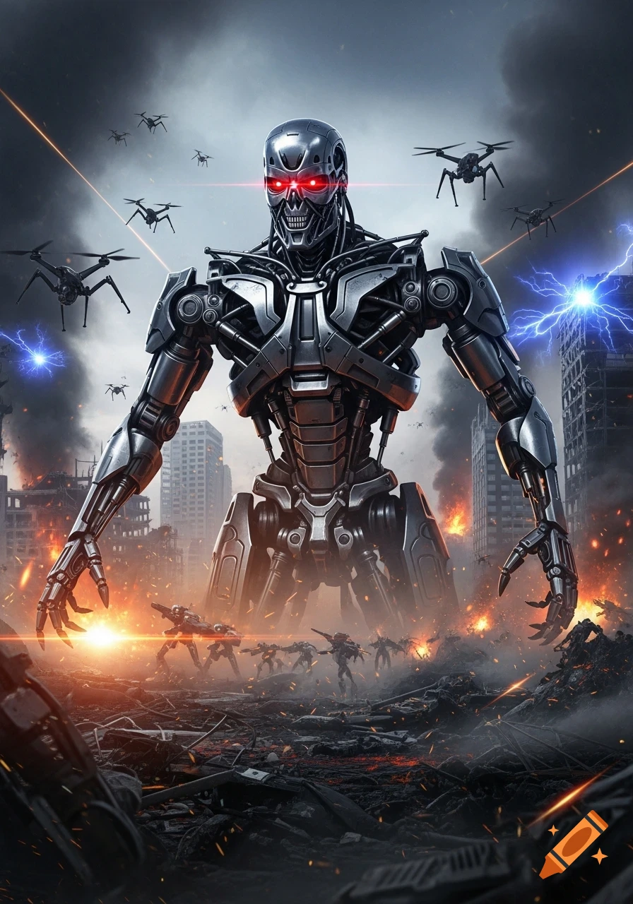 A giant metallic robot with glowing red eyes stands in a burning, ruined city, surrounded by smaller robots and drones.