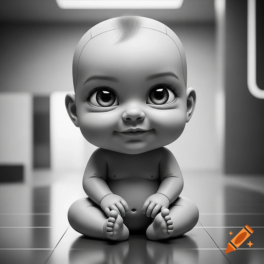 A cute, smiling grayscale 3D cartoon baby with a large head and big eyes sits on a tiled floor.
