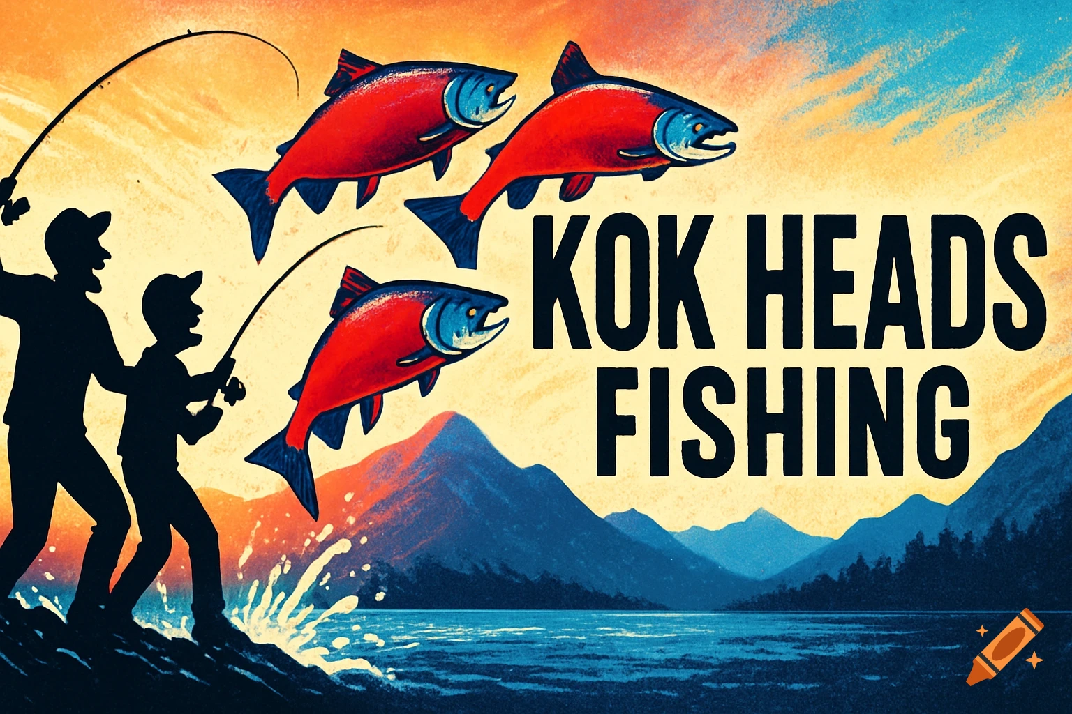 A colorful illustration of two silhouetted men fishing in a lake with mountains, three red fish, and "KOK HEADS FISHING" text.
