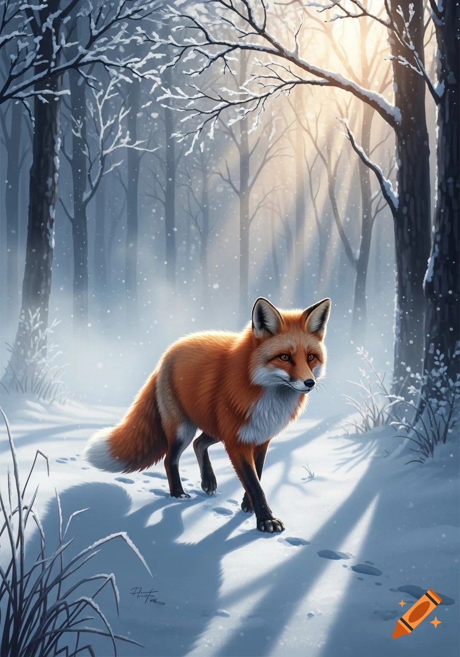 A red fox walks through a snowy forest with bare trees and dappled ...