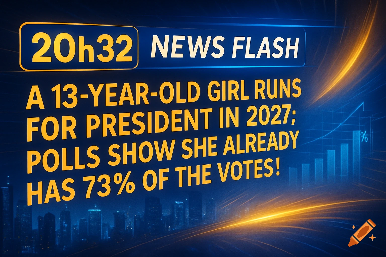 A news flash banner with text '20h32 NEWS FLASH A 13-YEAR-OLD GIRL RUNS FOR PRESIDENT IN 2027; POLLS SHOW SHE ALREADY HAS 73% OF THE VOTES!' over a futuristic city.
