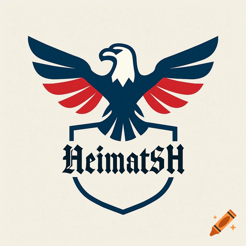 A blue, white, and red eagle logo with outstretched wings perched above a shield featuring the text "HeimatSH" in old German script.