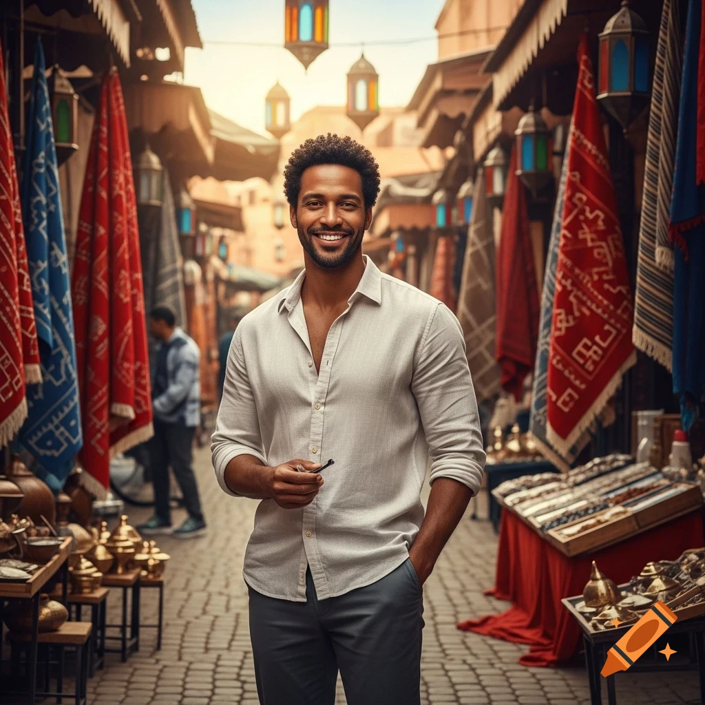 A smiling man with curly hair stands in a vibrant Moroccan marketplace, surrounded by colorful patterned textiles and hanging lanterns.