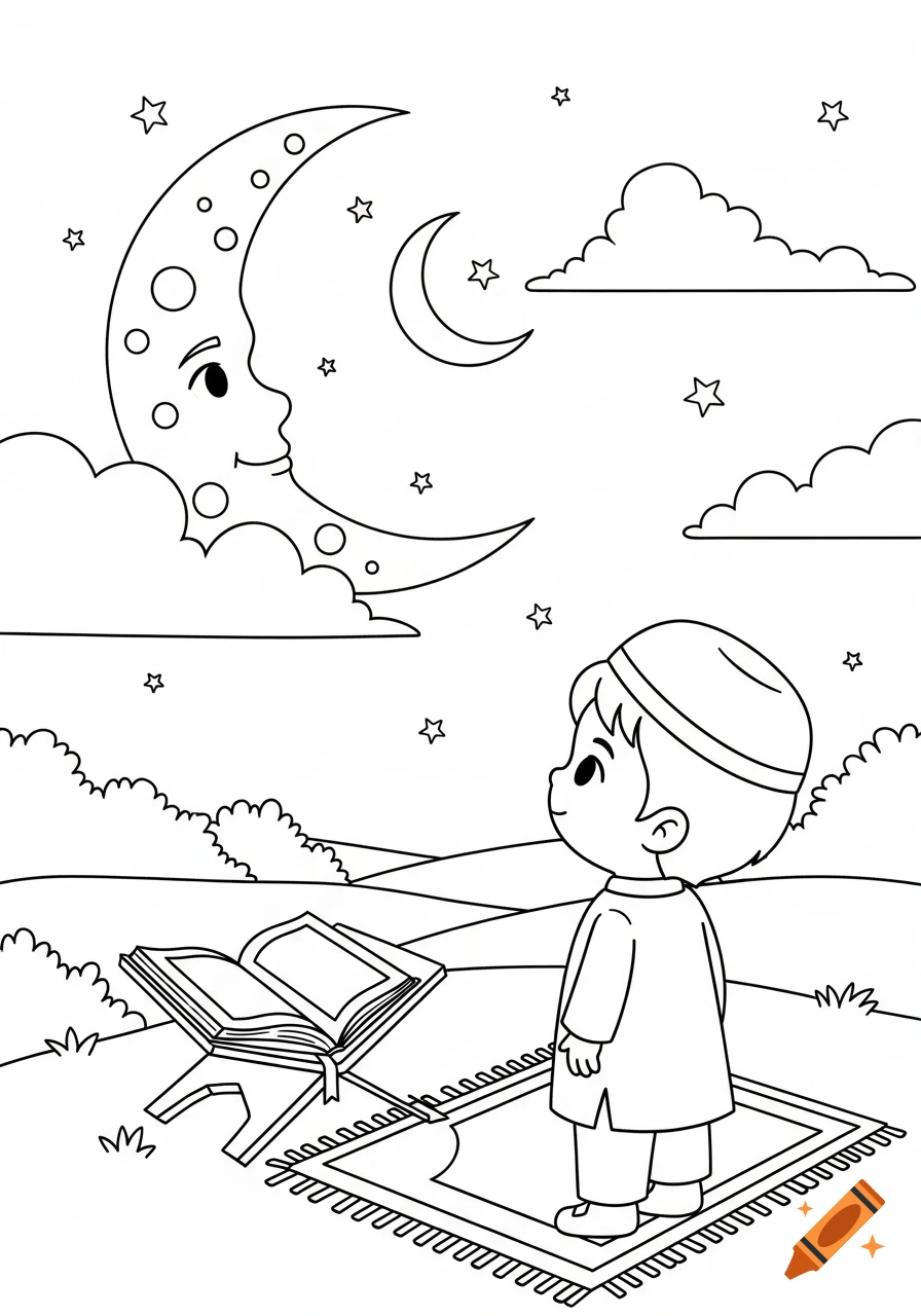 Black-and-white coloring page of a child in traditional attire looking up at a smiling crescent moon, with a prayer rug and open book.