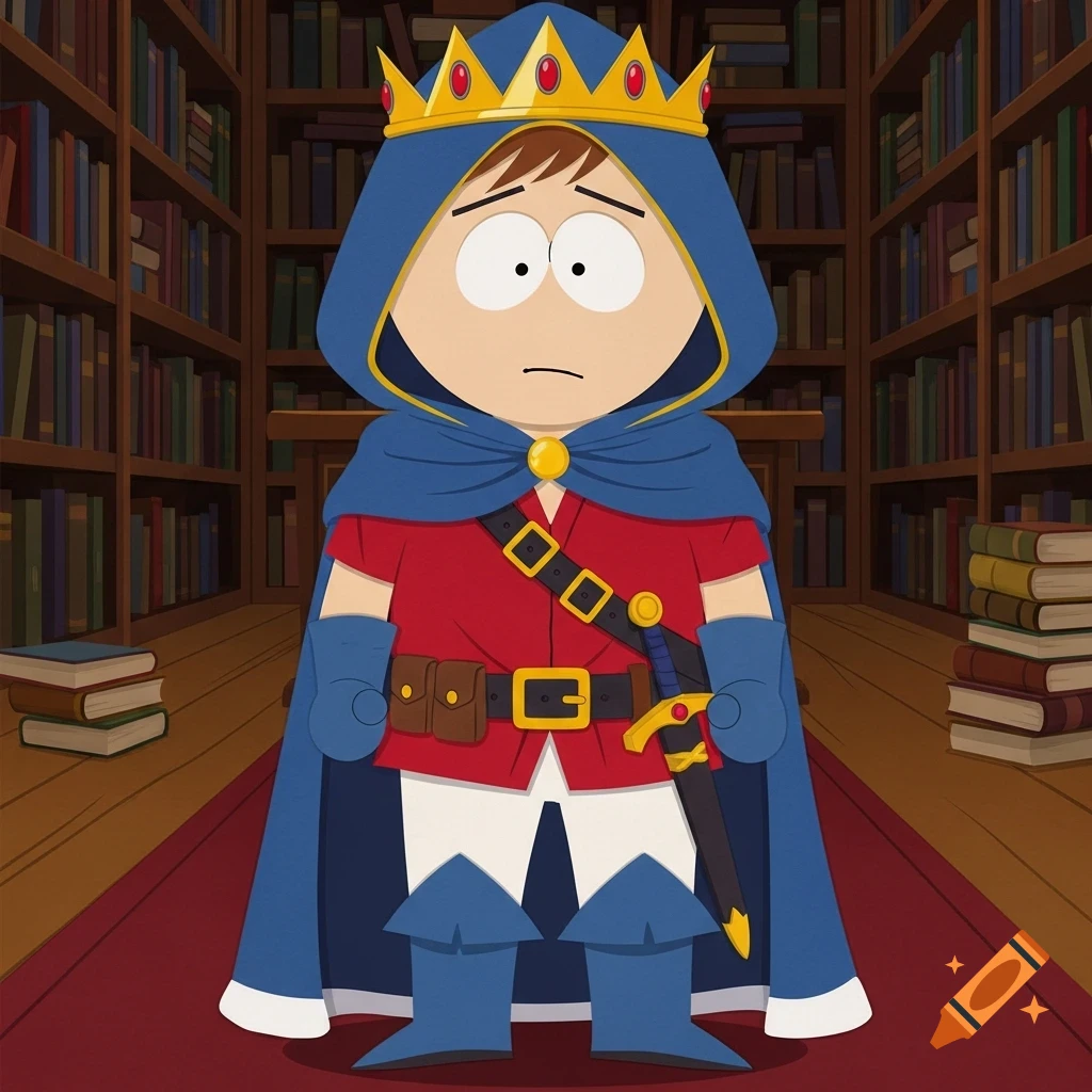 Clyde Donovan as Prince Donovan in South Park style, wearing a blue cape, crown, red shirt, and sword, standing in a library.