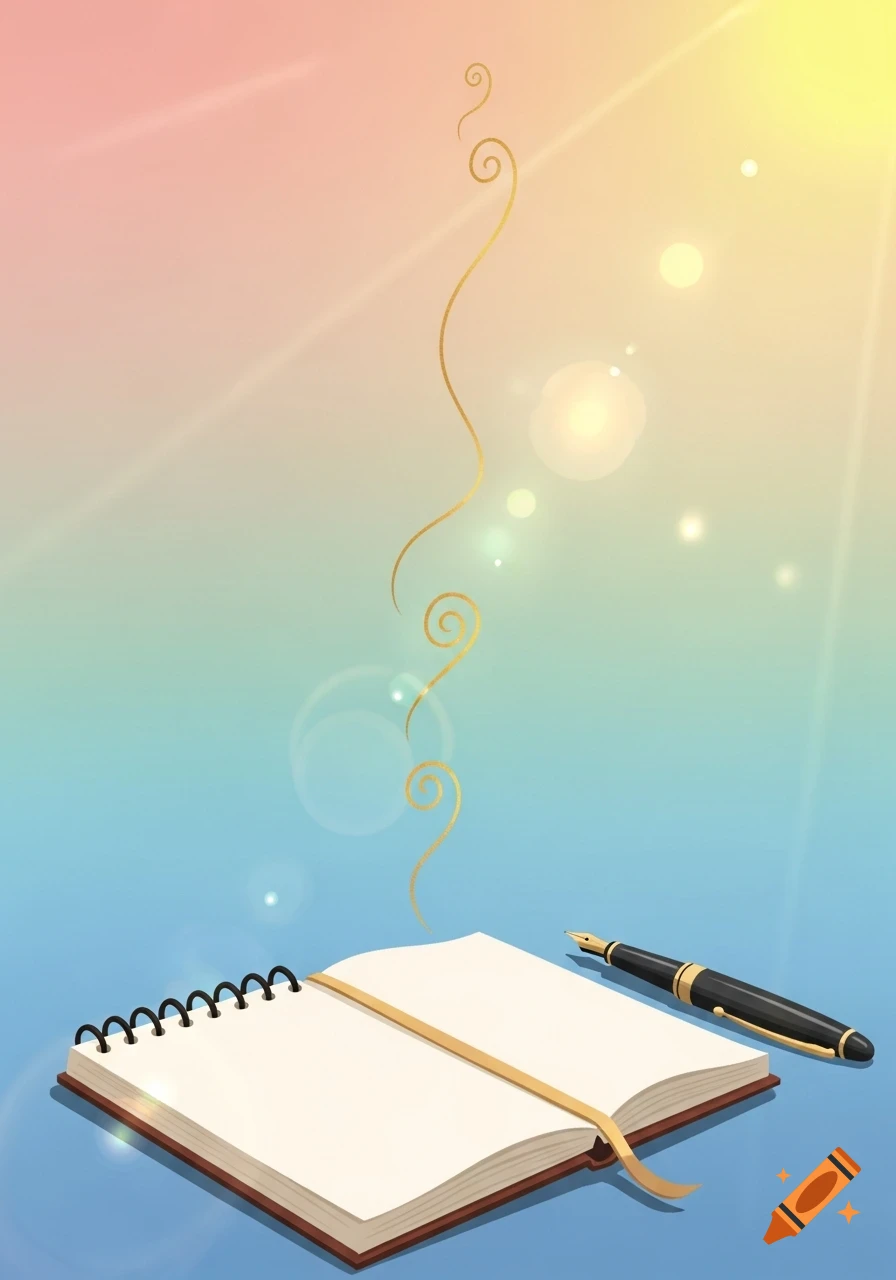 An open spiral-bound notebook with a bookmark and a fountain pen on a blue surface, under a gradient sky with golden swirls and light rays.