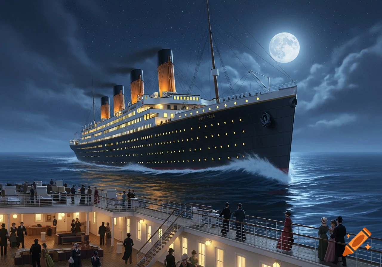 The Titanic, a large passenger ship, sails on a moonlit ocean at night, with many passengers visible on its illuminated decks.