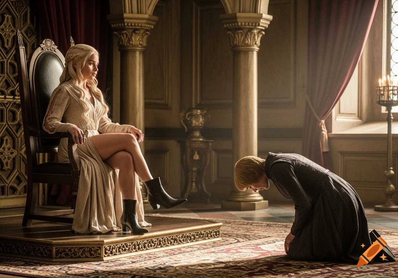 Daenerys Targaryen sits on an elevated throne while Cersei Lannister bows on her knees before her in a grand hall.