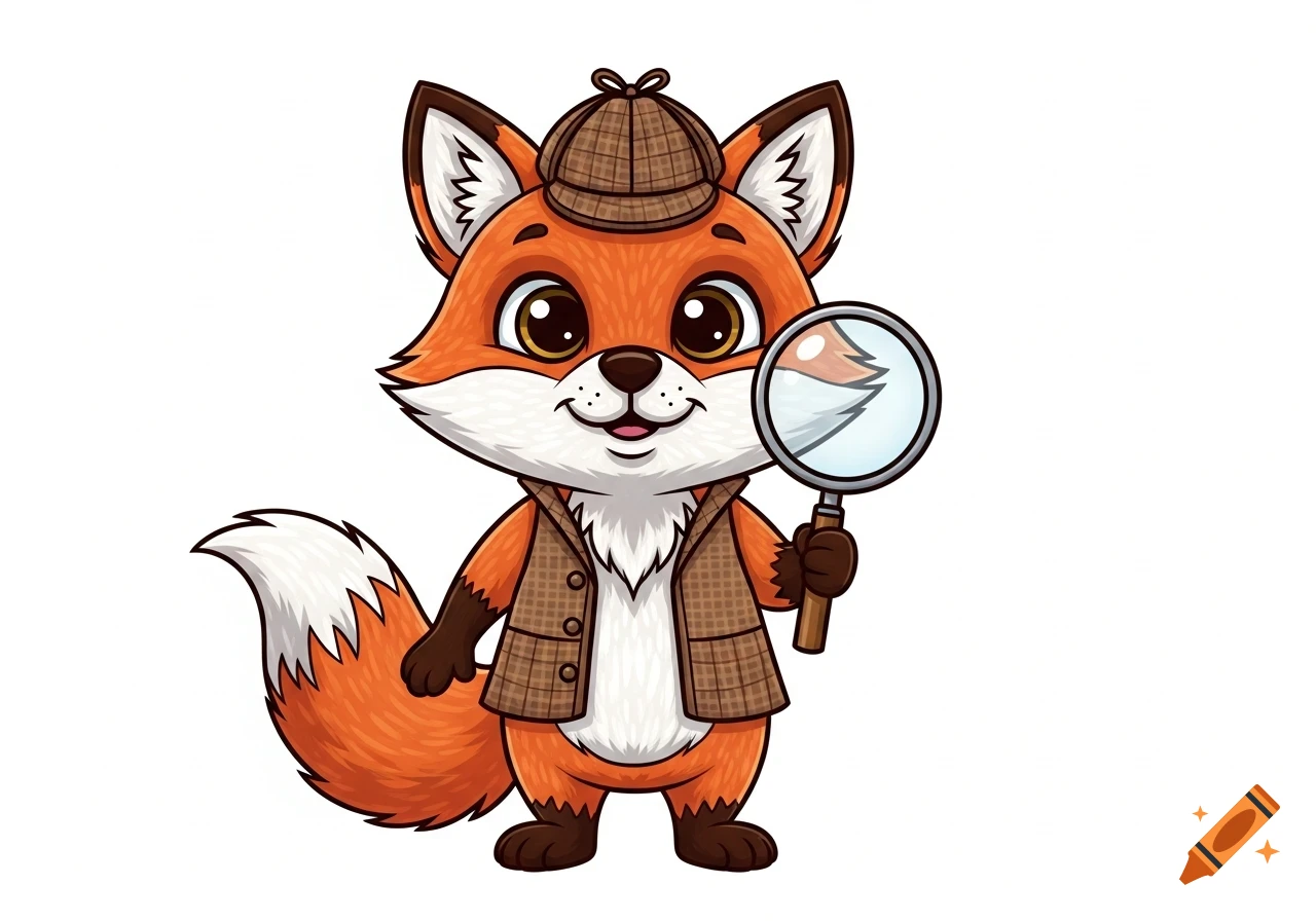 A friendly cartoon fox detective wearing a small hat and a tweed jacket, holding a large magnifying glass. It has big round eyes and a warm smile, depicted on a white background.