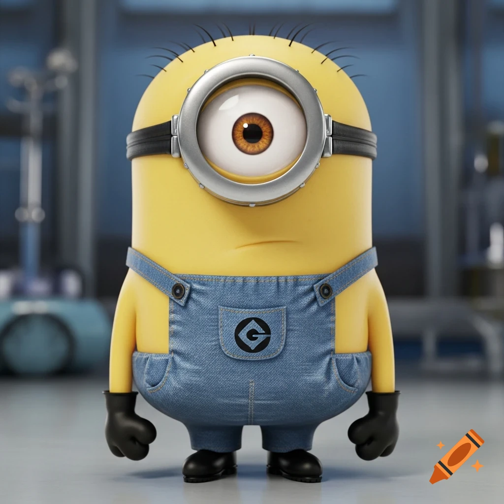 A 3D rendering of a yellow, one-eyed Minion character wearing denim overalls with a 'G' logo, standing in a blurred background.