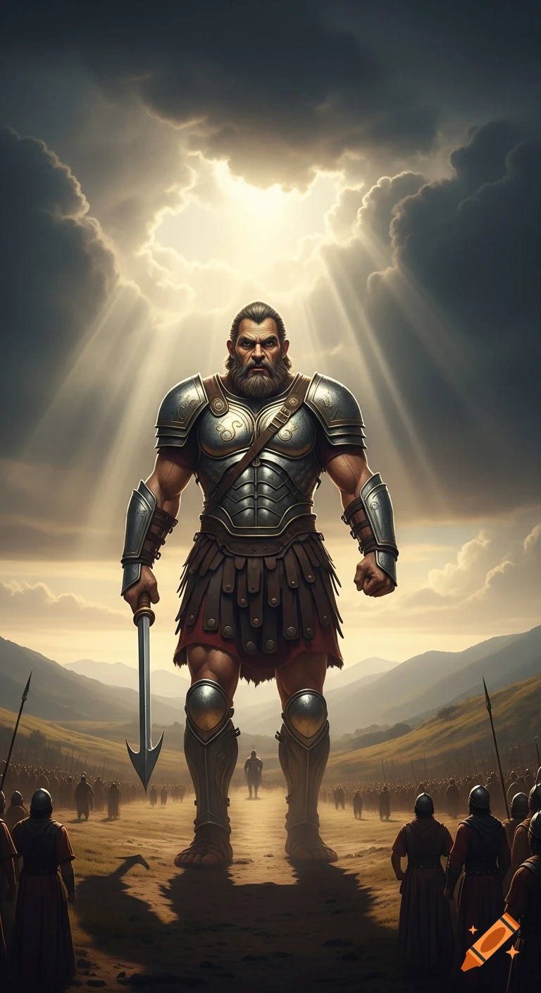 An epic oil painting of a huge armored giant with a beard and sword, standing in a valley under sunlit dramatic clouds, facing an army.