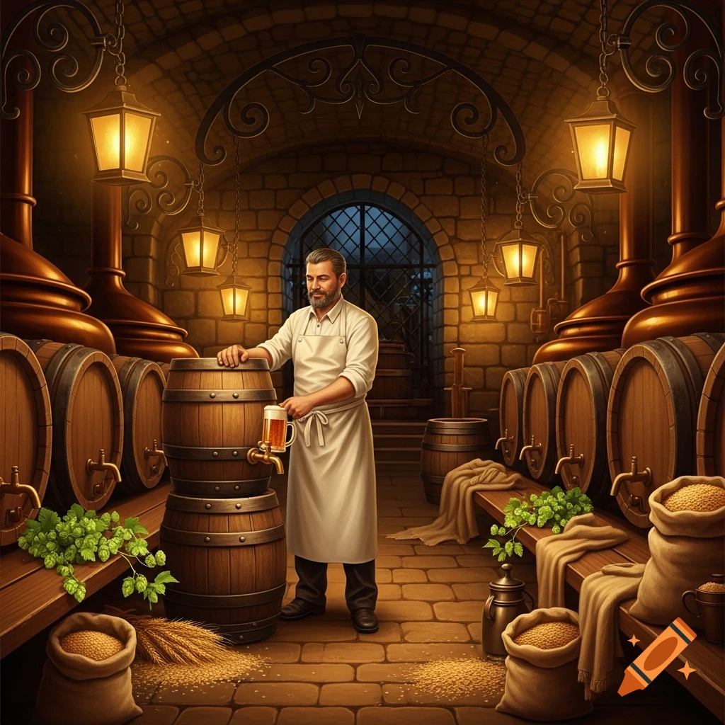 A man in a white apron pours beer from a barrel in a rustic brewery cellar, surrounded by wooden barrels, hops, and grain.