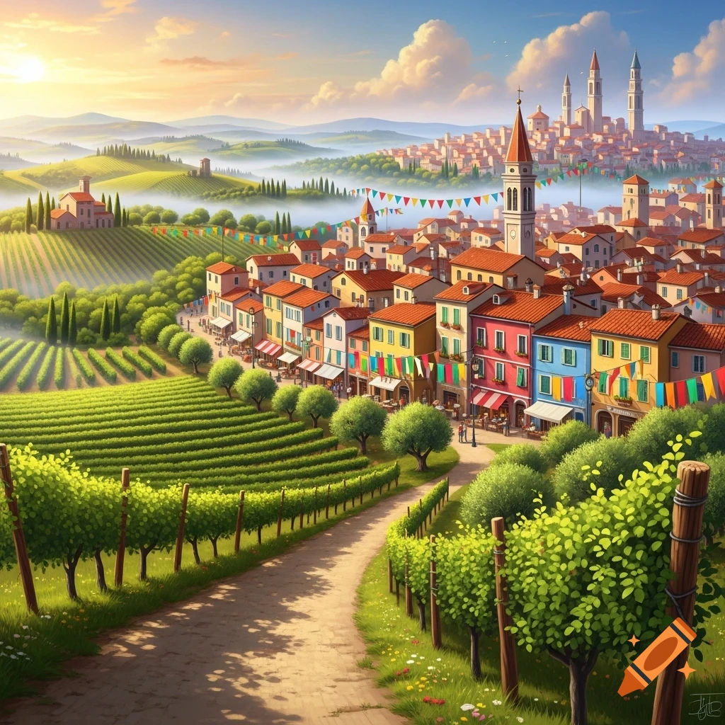 A colorful Italian village with a prominent church tower, nestled among rolling vineyards under a bright, partly cloudy sky at sunrise.