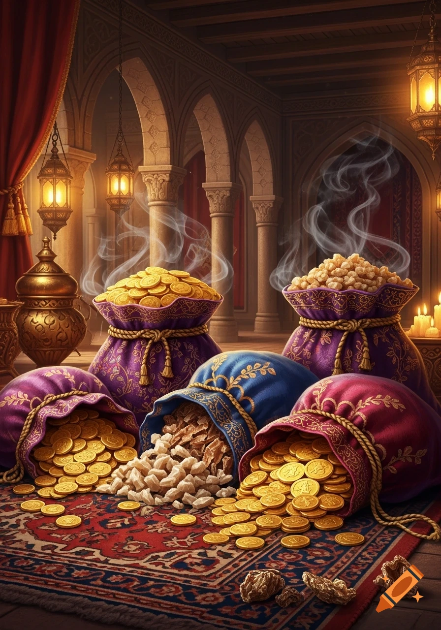 Ornate bags overflowing with gold coins, frankincense, and myrrh on a patterned rug in an arched, candle-lit Middle Eastern-style room.
