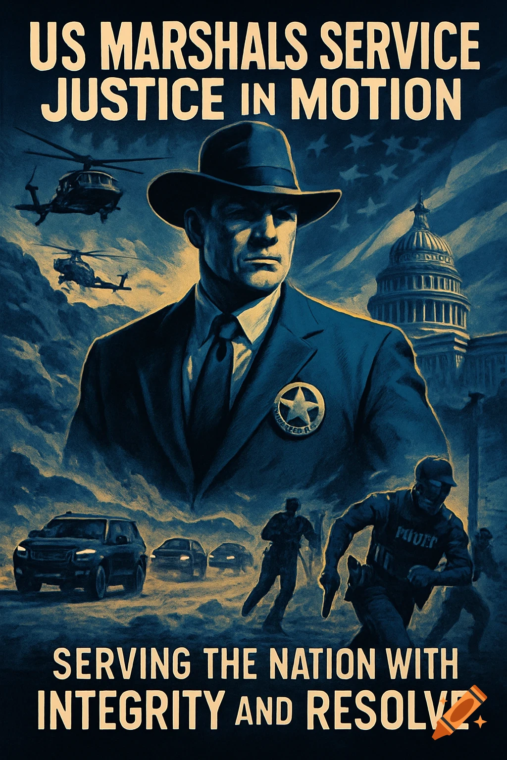 A dramatic promotional poster for the US Marshals Service, featuring a stoic marshal in a fedora, with helicopters, SUVs, and the US Capitol building in the background.