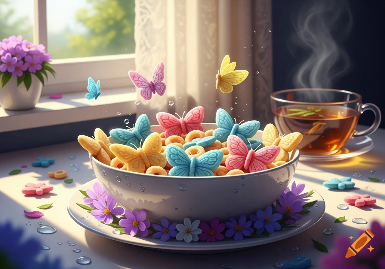 A white bowl filled with colorful butterfly-shaped cereal, alongside a steaming cup of tea and purple flowers on a sunlit table.