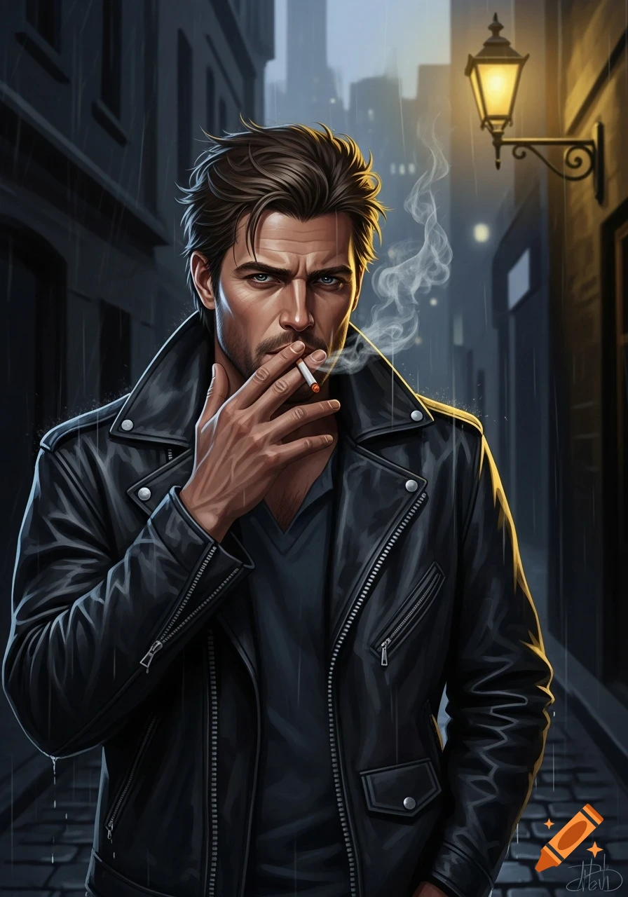 A stylized illustration of a rugged man with brown hair and blue eyes, wearing a black leather jacket, smoking a cigarette in a rainy alley under a street lamp.
