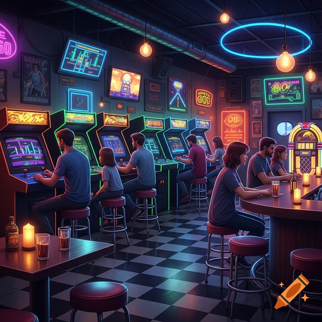 An arcade bar with people playing video games and sitting at a counter. Neon lights illuminate the dark interior.