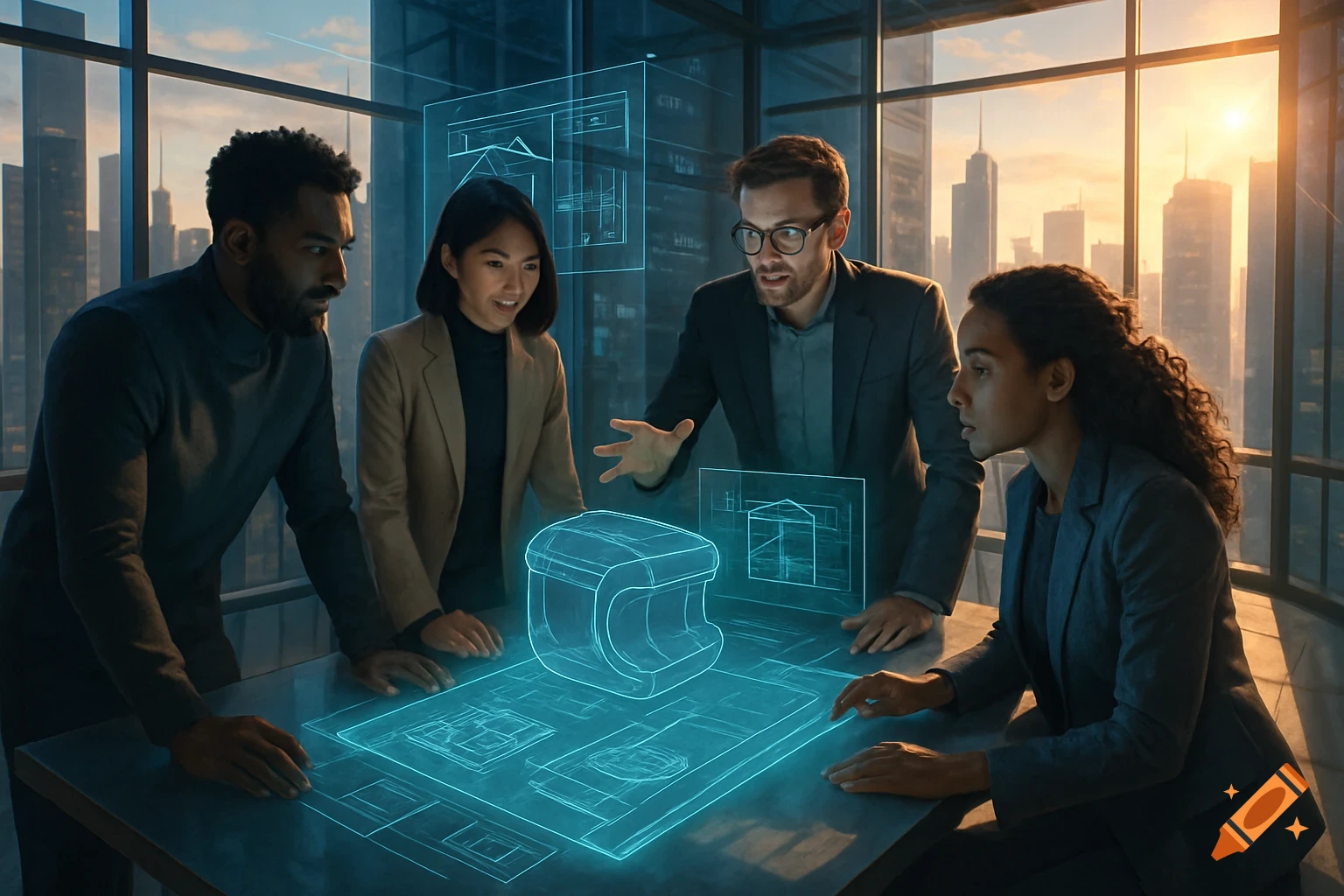 Four diverse business professionals collaborate around a table displaying holographic blueprints and a 3D model in a modern office with a city skyline at sunset.