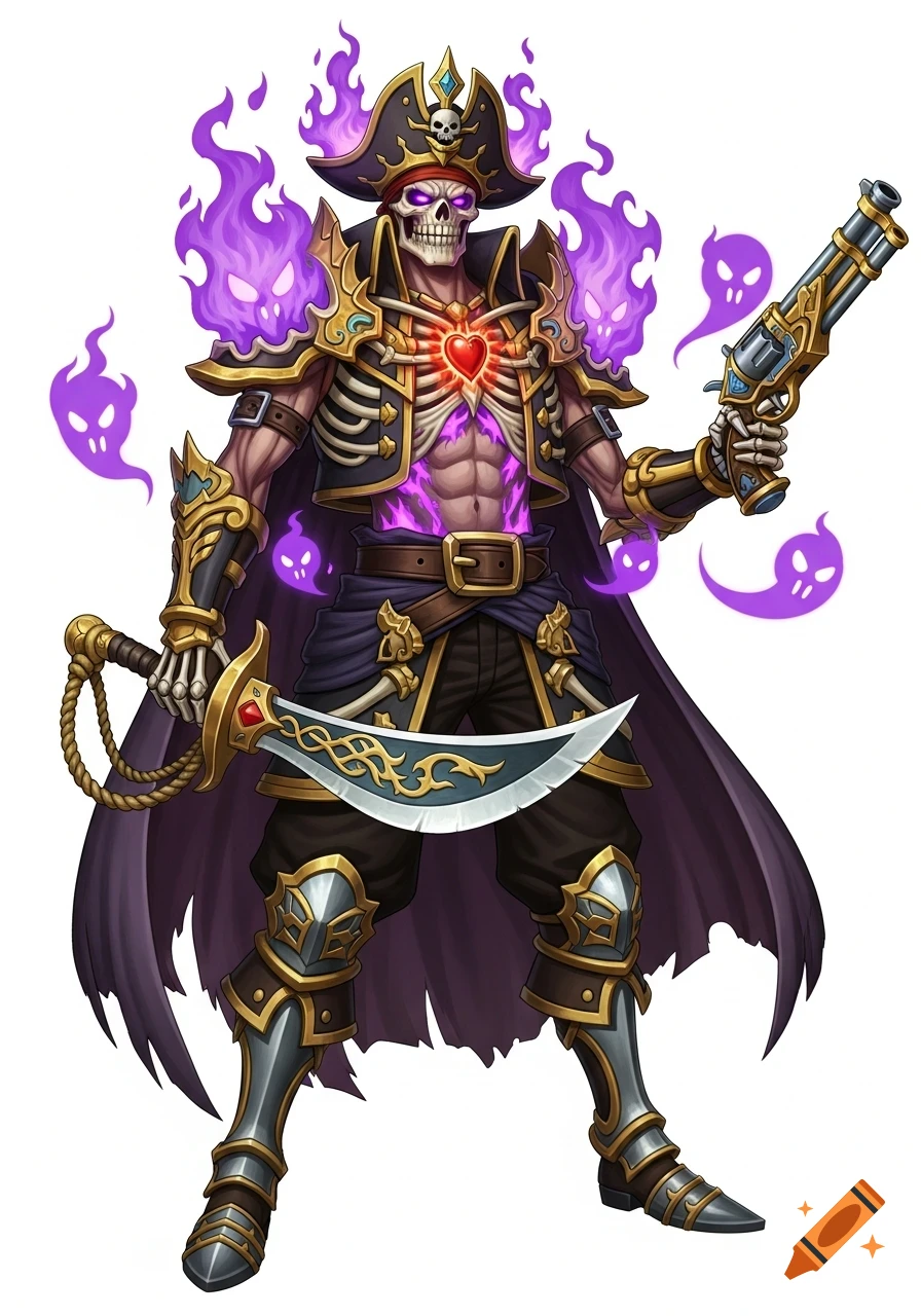 A powerful skeleton pirate character in a captain's hat and golden armor, holding a sword and pistol, surrounded by purple mystical flames.