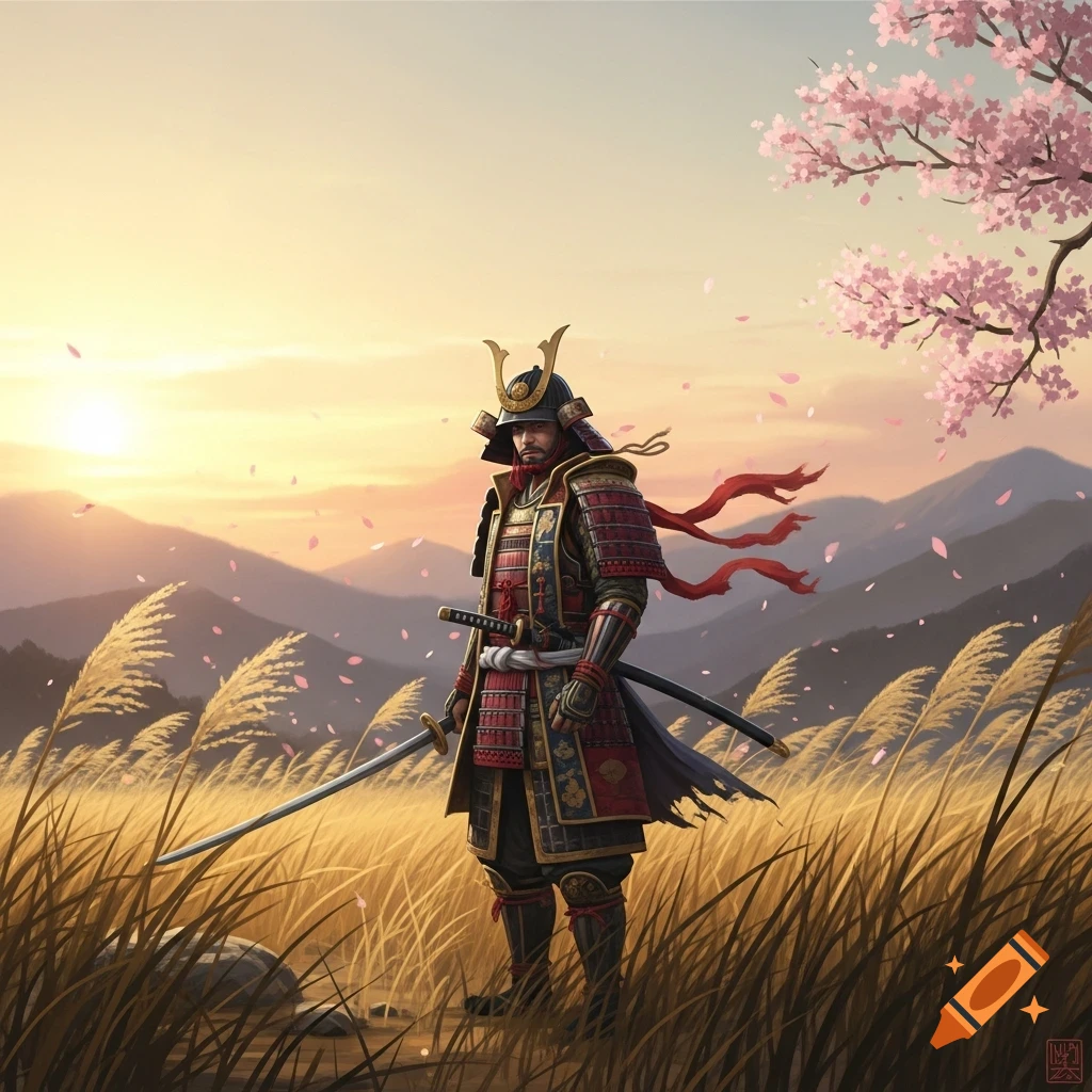 A solemn samurai in red armor stands in a golden field with falling cherry blossoms and mountains at sunset, detailed illustration.