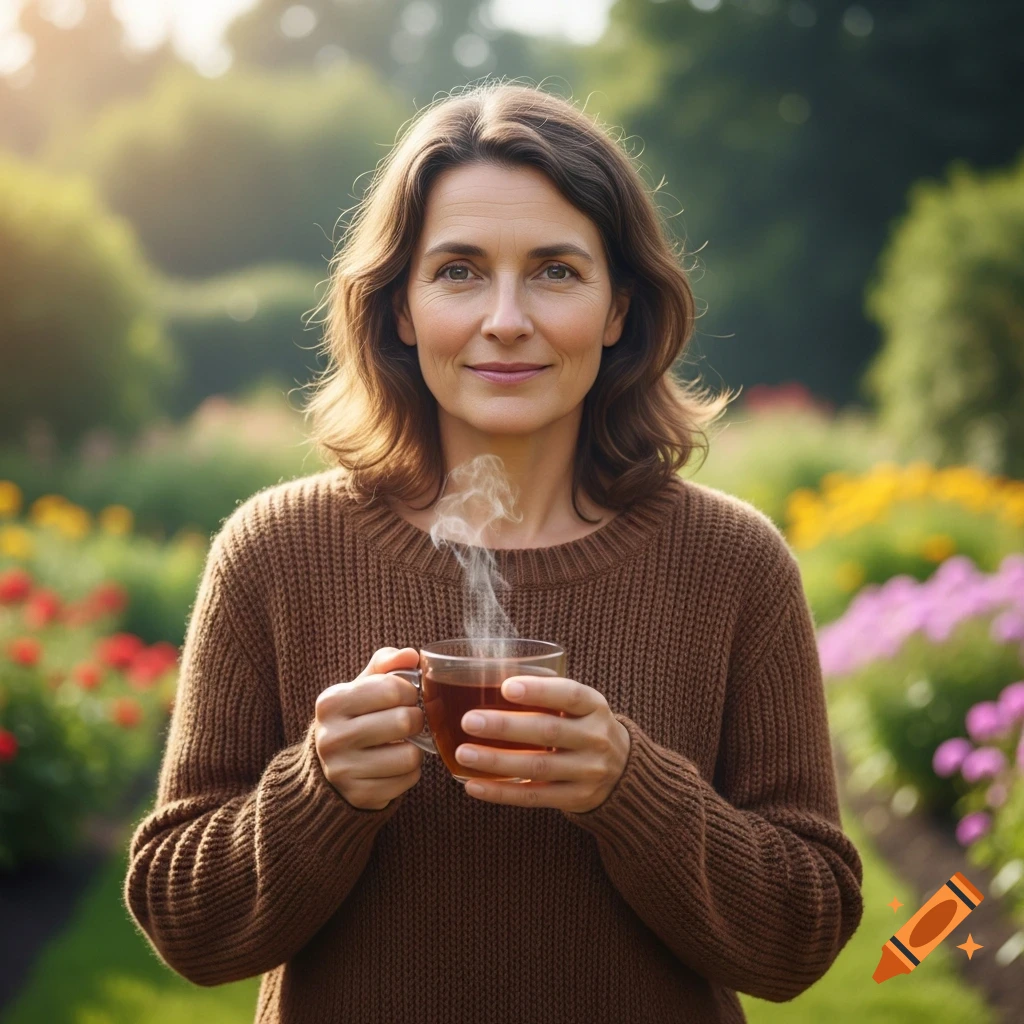 Photorealistic portrait of a smiling woman holding a steaming cup of tea in a sunny garden.