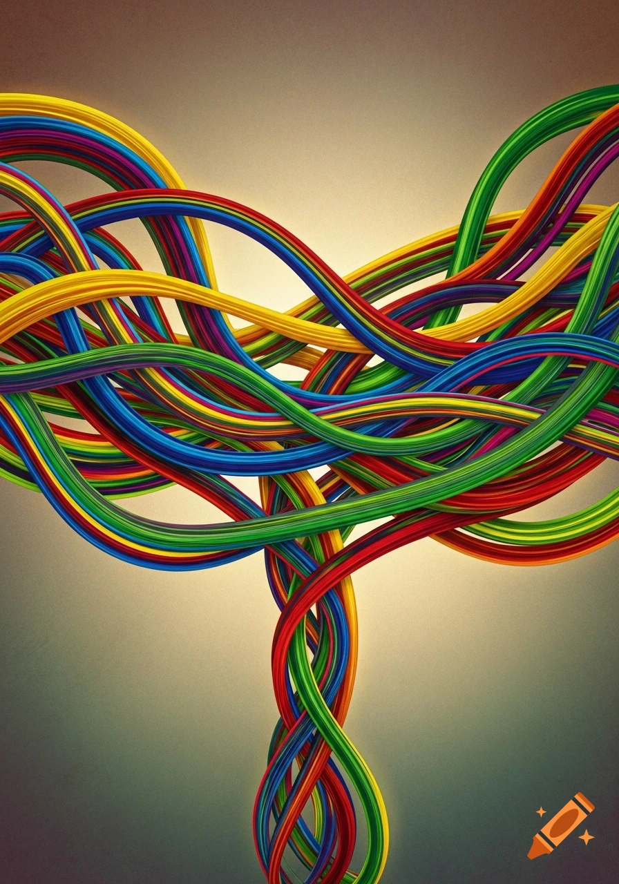 Abstract image of many brightly colored, intertwined lines forming a complex pattern.