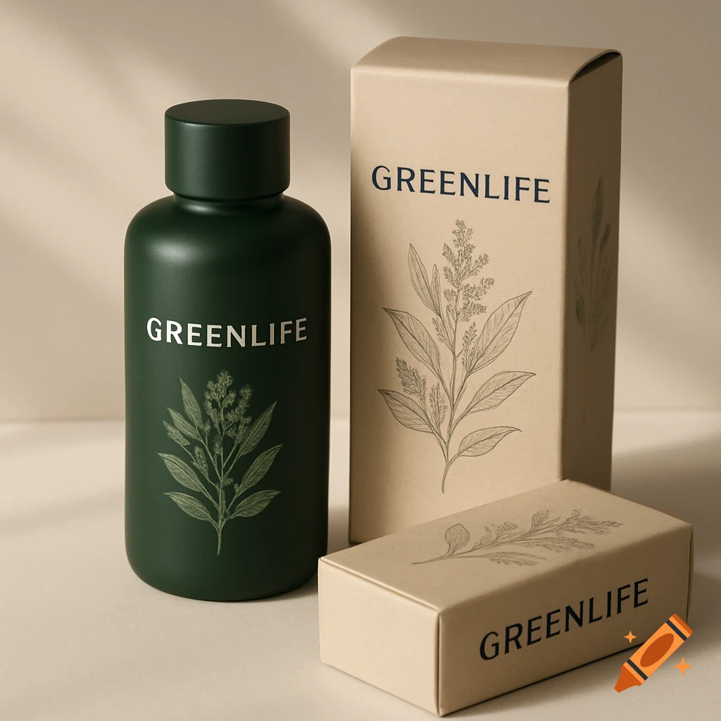 Dark green bottle and two beige boxes for the 'GREENLIFE' brand, all featuring botanical illustrations, in a minimalist product photography style.